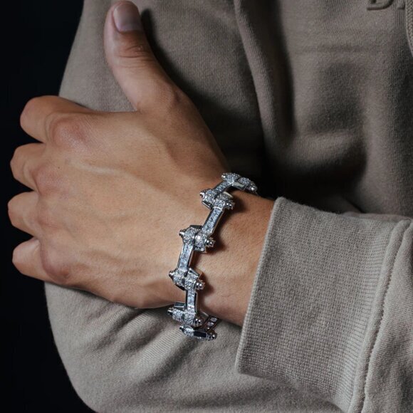Rhodium Plated 925 Sterling Silver DC CZ Alternating Hinge Men's Bracelet 9